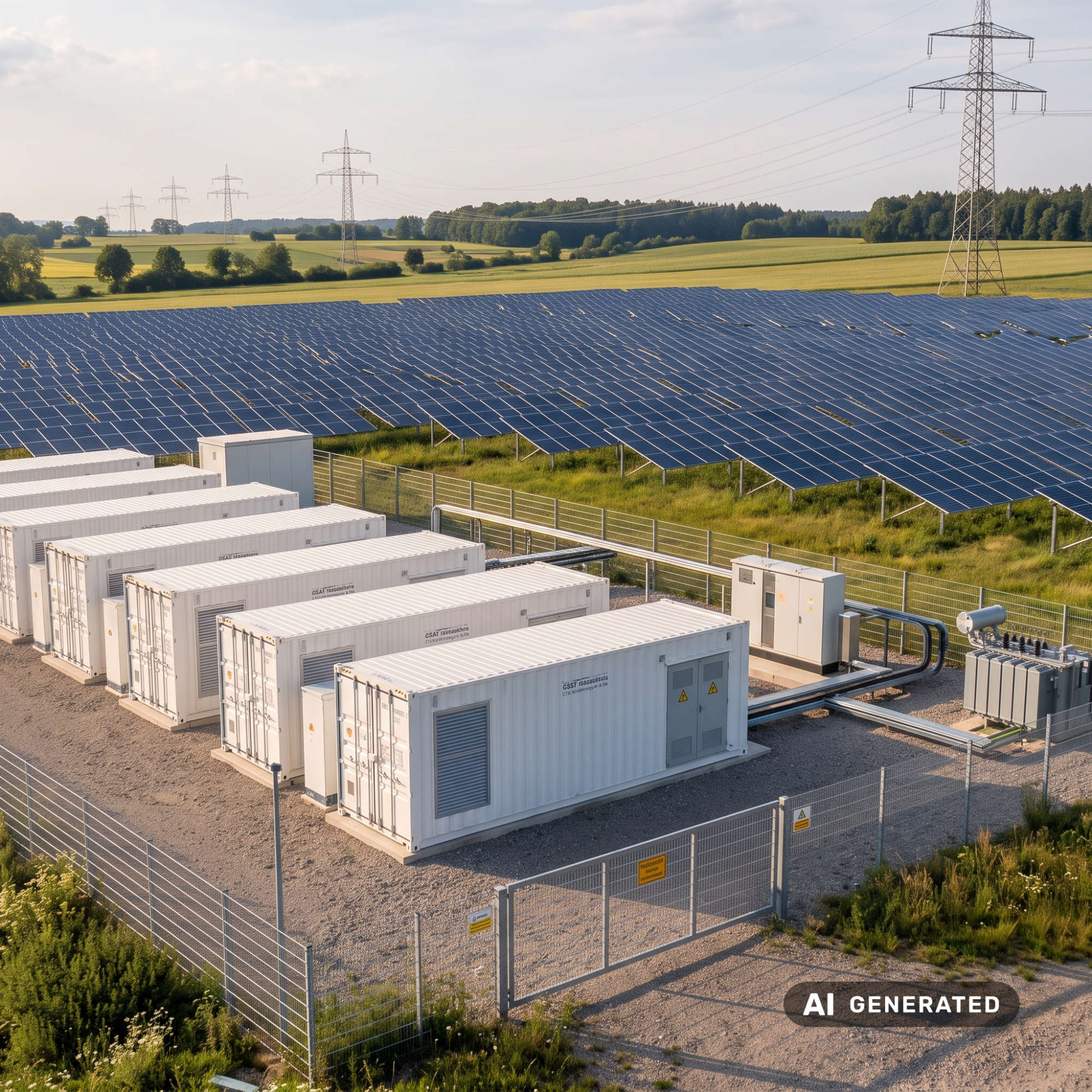 Batteriespeicher und Solarpark in einer grünen Landschaft mit Strommasten